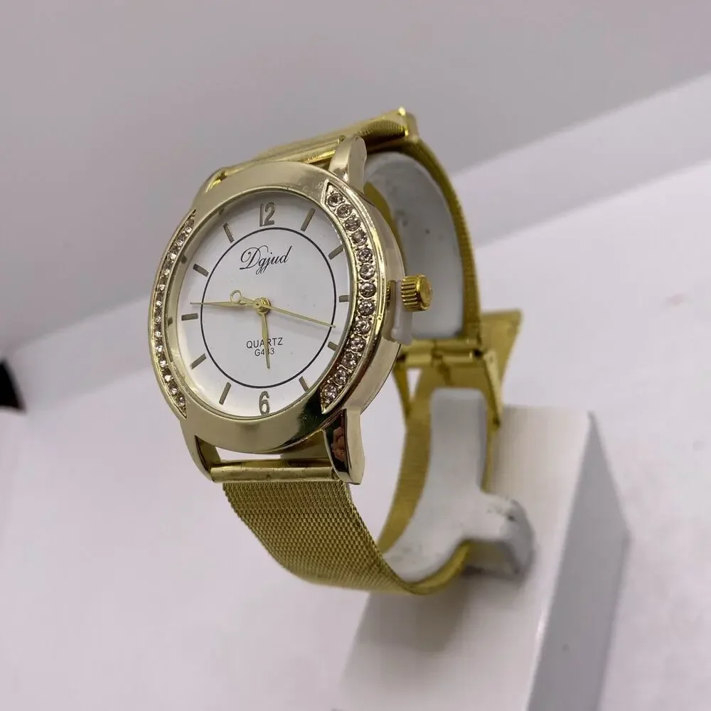 Rhinestone Womens Gold Tone Quartz Fashion Watch Works New Battery New!
